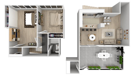 A split-level floor plan of a modern apartment with a living room, kitchen, and bathroom on the left, and a dining area, kitchen, and bathroom on the right.