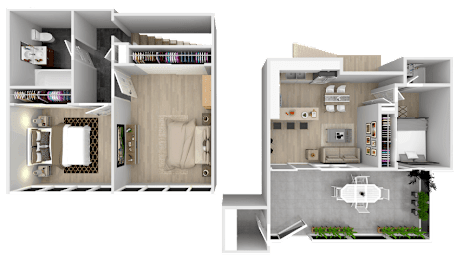 A 3D rendered image of a house layout with two floor plans.