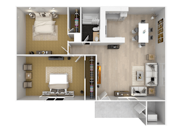 A top-down view of a small apartment with a living room, kitchen, and bedroom.