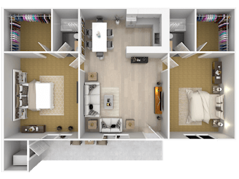 A 3D floor plan of a small apartment with a kitchen, living room, and bathroom.
