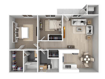 A 3D rendered image of a small apartment layout.