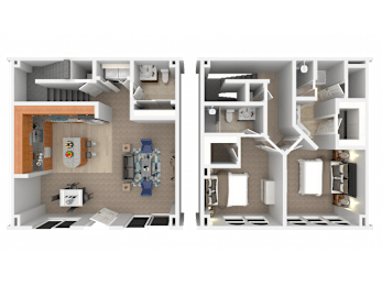 Two floor plans of a house with a kitchen, living room, and bedrooms.