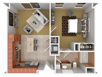 A 3D floor plan of a house showing a kitchen, living room, dining room, and bathroom.
