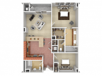 A 3D floor plan of a house with a kitchen, living room, and bedrooms.