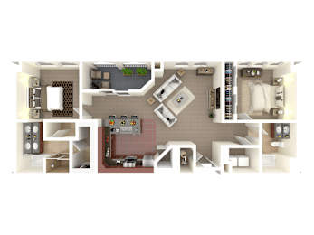 A detailed 3D floor plan of a house showing all rooms and their furnishings.