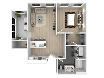 A top-down view of a modern apartment layout with a kitchen, living room, and bathroom.