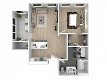 A 3D floor plan of a house with a kitchen, living room, and two bedrooms.