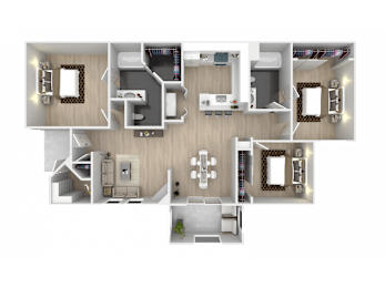 A 3D floor plan of a house with multiple rooms and furniture.