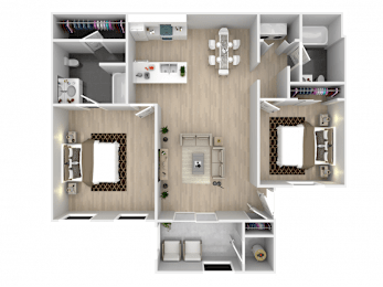 A 3D floor plan of a house with two bedrooms, a living room, a kitchen, and a bathroom.