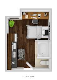 A floor plan of a small apartment with a bed, desk, and kitchenette.