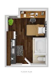A floor plan of a small apartment with a living area and bathroom.