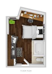 A floor plan of a small apartment with a kitchenette, living room, and bathroom.