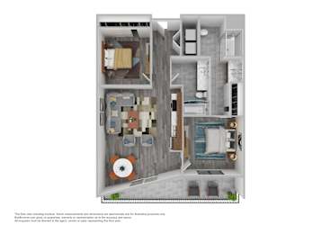 A 3D floor plan of a small apartment with a kitchen, living room, and bedroom.