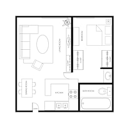 A black and white floor plan of an apartment with labeled bedroom, kitchen, livingroom and bathroom