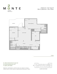 A floor plan for a 2 bedroom, den, 2 bath unit at 2 Monte.
