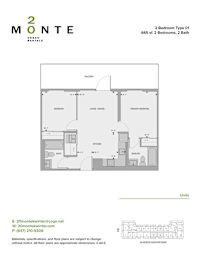 A floor plan for a 2 bedroom apartment sized at 665 square feet.