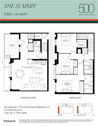 A floor plan for a 3 bedroom, 2 bathroom apartment in The Summit building.