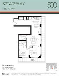 A floor plan for a 500 square foot apartment with two bedrooms and two bathrooms.