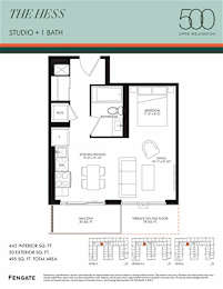A floor plan for a studio apartment with one bathroom is shown.