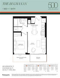 A floor plan for a 500 square foot apartment with one bed and one bath.