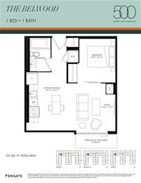A floor plan for a 1 bedroom apartment with 1 bathroom in The Belwood in Upper Wellington.