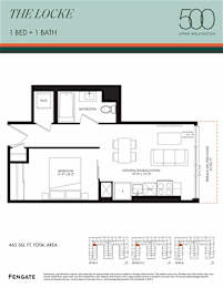 A floor plan for a 1 bedroom, 1 bathroom apartment at The Locke in Upper Wellington.
