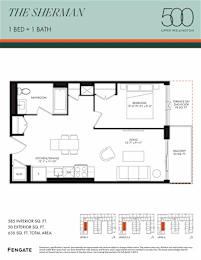 A floor plan for a 1 bedroom, 1 bathroom apartment in The Sherman in Upper Wellington.