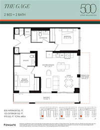 A floor plan for a 2 bedroom, 2 bathroom apartment in The Gage in Upper Wellington.