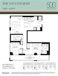 A floor plan for a 2 bedroom, 2 bathroom apartment in The Wentworth building.