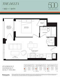 A floor plan for a 1 bedroom, 1 bathroom apartment in The Delta, Upper Wellington.