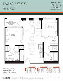 A floor plan for a 2 bedroom, 2 bathroom apartment in The Hamilton building.