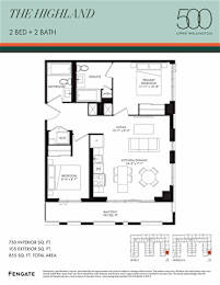 A floor plan for a 500 square foot apartment with two bedrooms and two bathrooms.