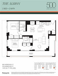 A floor plan for a 500 square foot apartment with two bedrooms and two bathrooms.