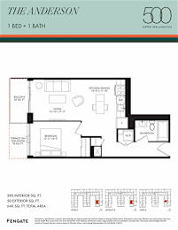 A floor plan for a 1 bedroom, 1 bathroom apartment in The Anderson building.