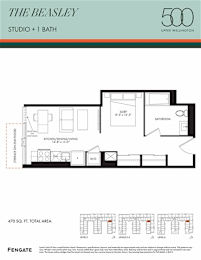 A floor plan for a 500 square foot studio with one bath.