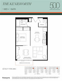 A floor plan for a 1 bedroom, 1 bathroom apartment in Upper Wellington.