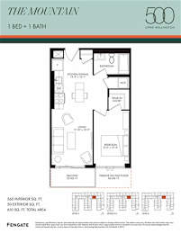 A floor plan for a 500 square foot apartment with one bed and one bath.