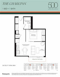 A floor plan for a 1 bedroom, 1 bathroom apartment in The Charlton, Upper Wellington.