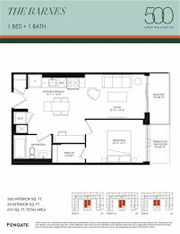 A floor plan for a 1 bedroom, 1 bathroom apartment at The Barnes in Upper Wellington.