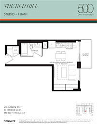 A floor plan for a 500 square foot studio with one bath.