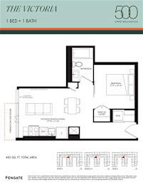 A floor plan for a 1 bedroom, 1 bathroom apartment in Upper Wellington.