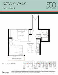 A floor plan for a 500 square foot apartment with one bed and one bath.