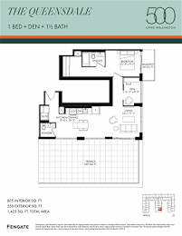 A floor plan for a 1 bedroom apartment with 1 1/2 bathrooms in The Queensdale building.