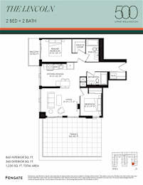A floor plan for a 2 bedroom, 2 bathroom apartment in Upper Wellington.