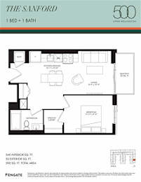A floor plan for a 1 bedroom, 1 bathroom apartment in The Sanford in Upper Wellington.