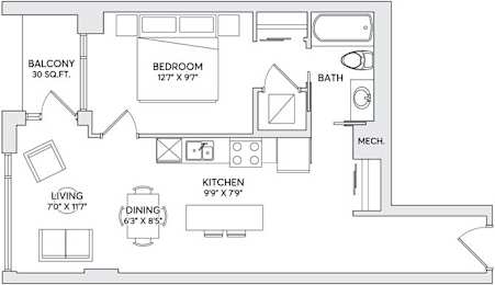 A floor plan of an apartment with a living room, kitchen, dining room, bedroom, bathroom, and balcony.
