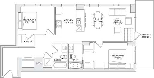 A floor plan of a house with two bedrooms, a living room, a dining room, a kitchen, a terrace, and two bathrooms.