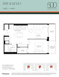 A floor plan for a 500 square foot apartment with one bed and one bath.