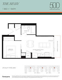 A floor plan for a 1 bedroom apartment with a bathroom and a kitchen/dining area.