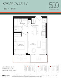 A floor plan for a 500 square foot apartment with one bed and one bath.